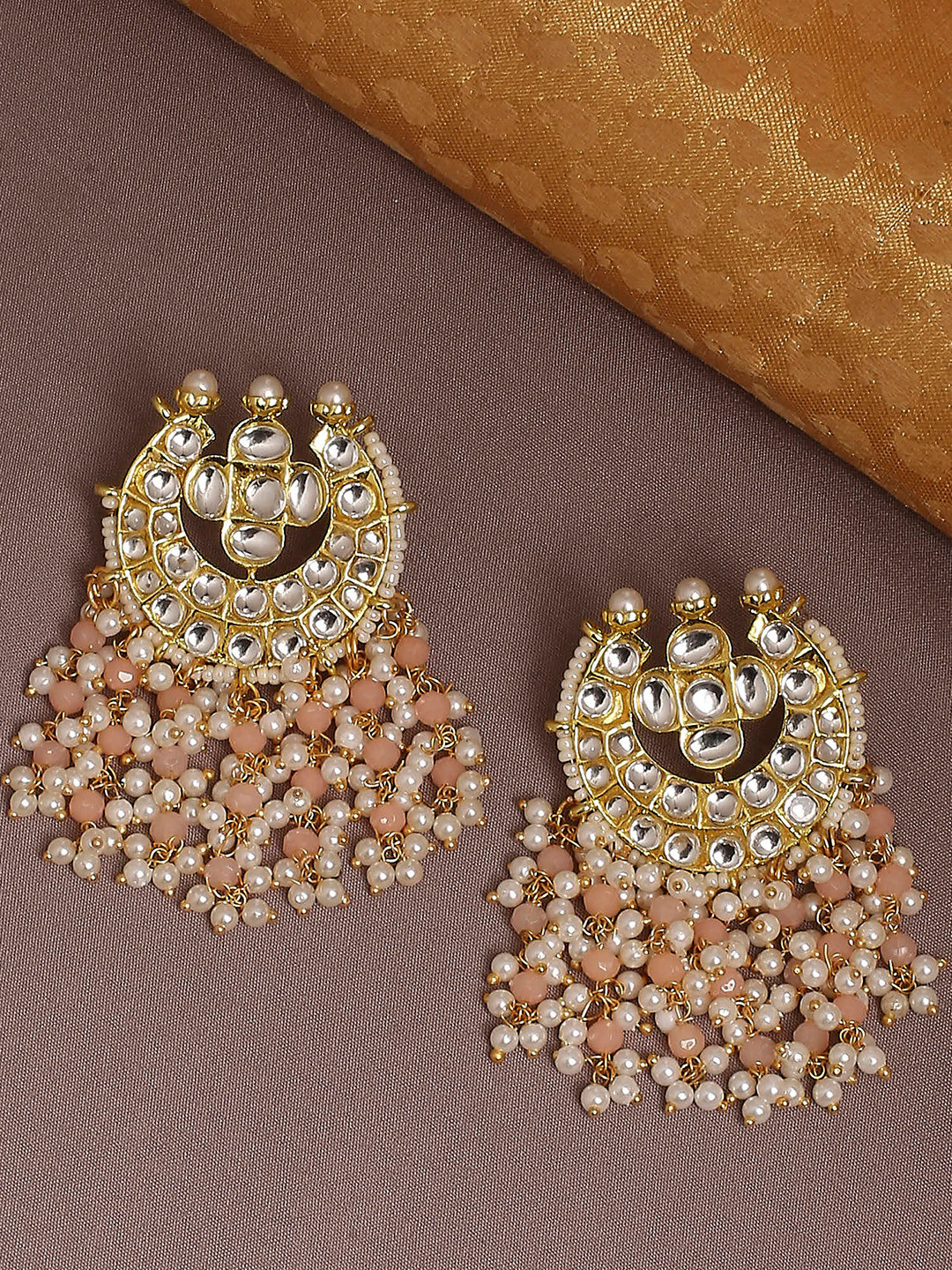 OOMPH Gold-Plated Peach-Coloured Crescent Shaped Drop Earrings