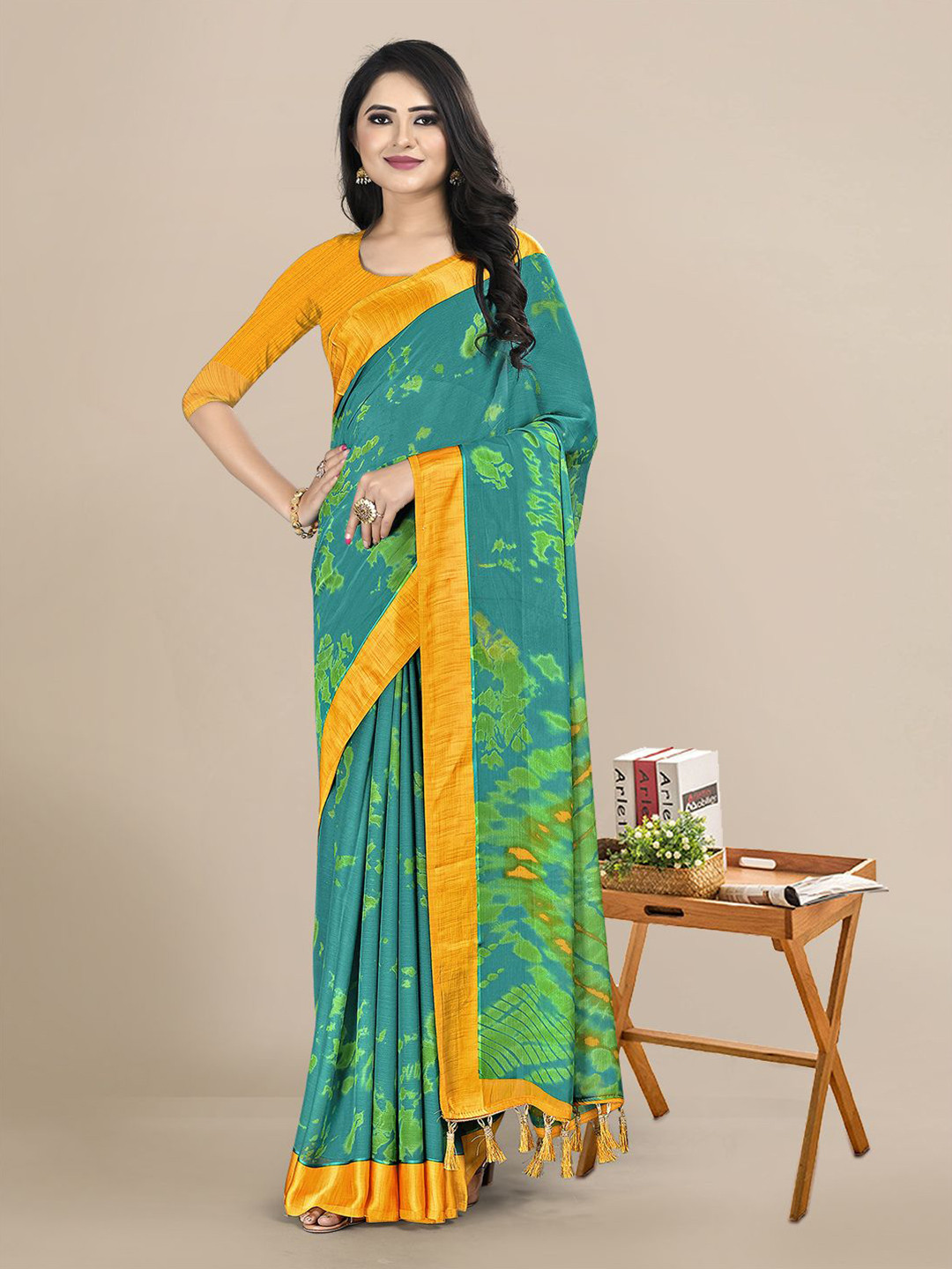 KALINI Teal & Mustard Pure Chiffon Saree