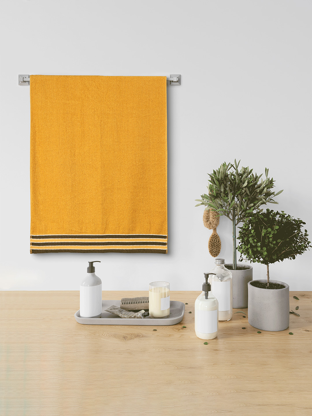 Urban Magic 405 GSM Yellow & Brown Striped Pure Cotton Bath Towel