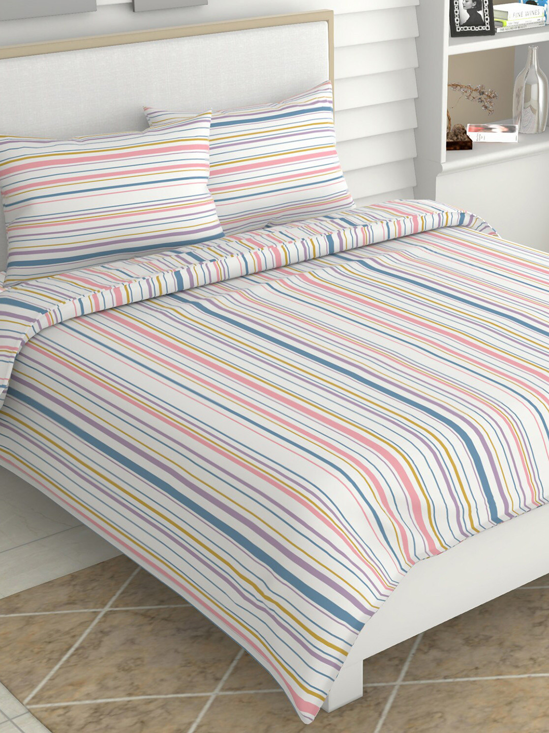 haus & kinder Magical Stripes White Striped Cotton 186 TC Fitted King Fine Bedsheet with 2 Pillow Covers-78 x 74 inches
