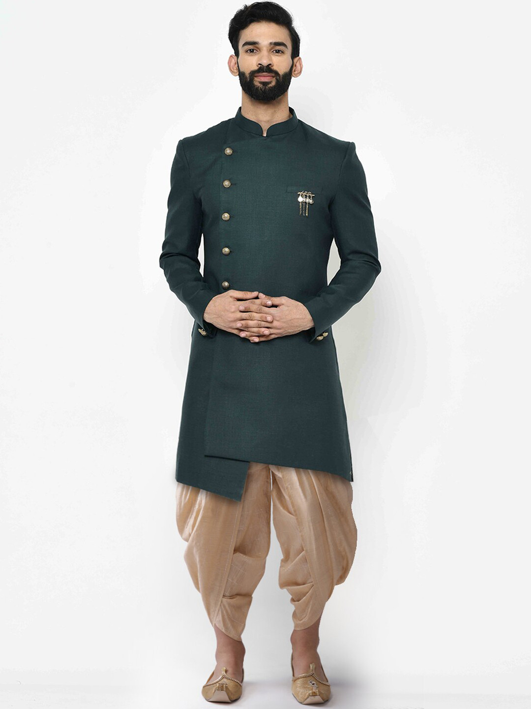 KISAH Men Olive-Green & Beige Solid Cotton Indowestern Sherwani Set