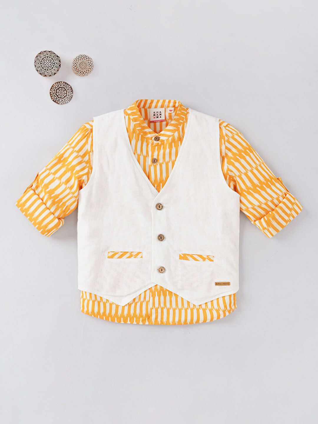 Ed-a-Mamma Boys Yellow & white Striped Casual Shirt With Jacket
