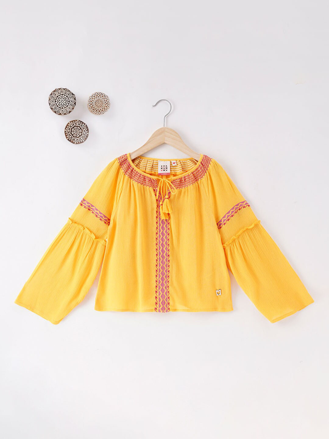 Ed-a-Mamma Girls Yellow Embroidered Tie-Up Neck Pure Cotton Top