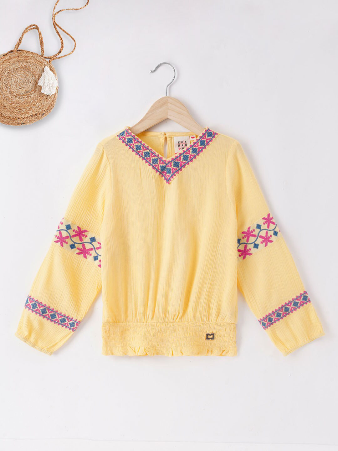 Ed-a-Mamma Girl Yellow Embroidered Blouson Pure Cotton Top