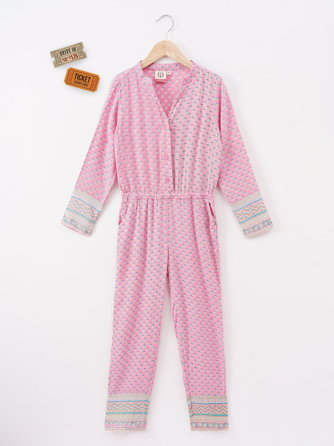 Ed-a-Mamma Girls Pink & Blue Printed Cotton Basic Jumpsuit