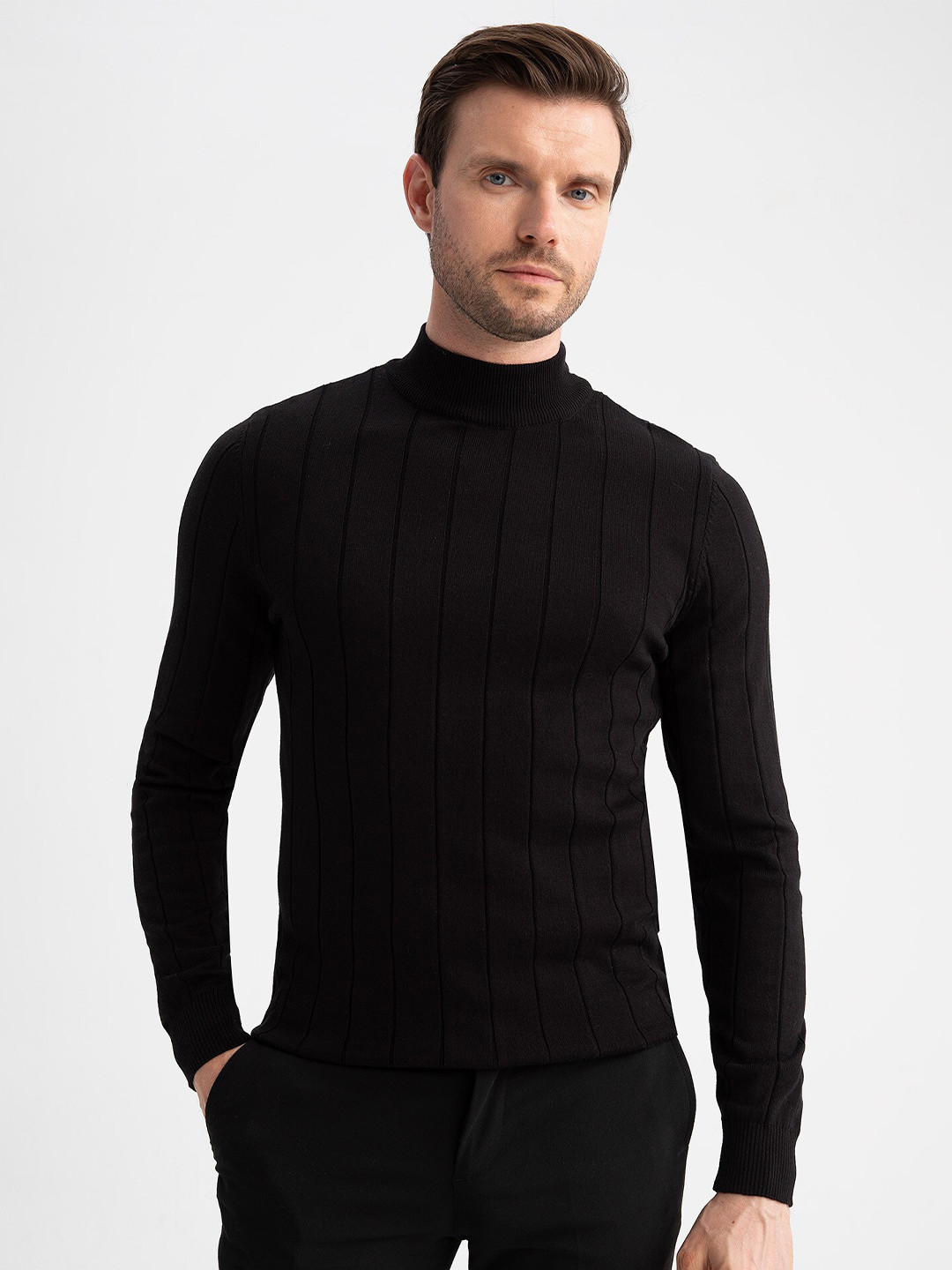 DeFacto Men Black Ribbed Pullover Sweater