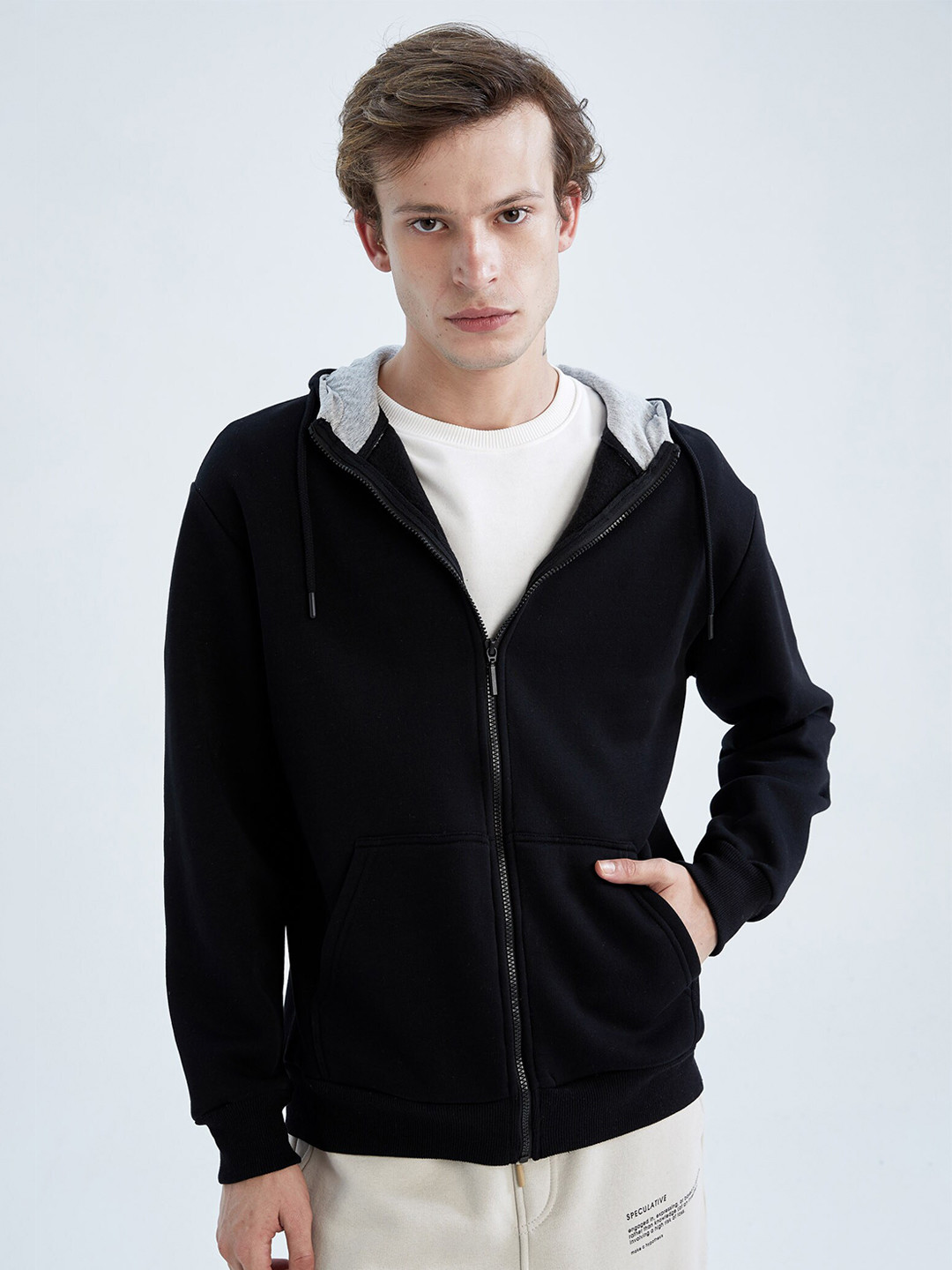 DeFacto Men Black Solid Hooded Cardigan