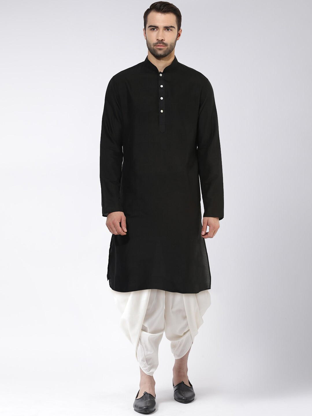 KISAH Men Black & White Mandarin Collar Kurta with Dhoti Pants