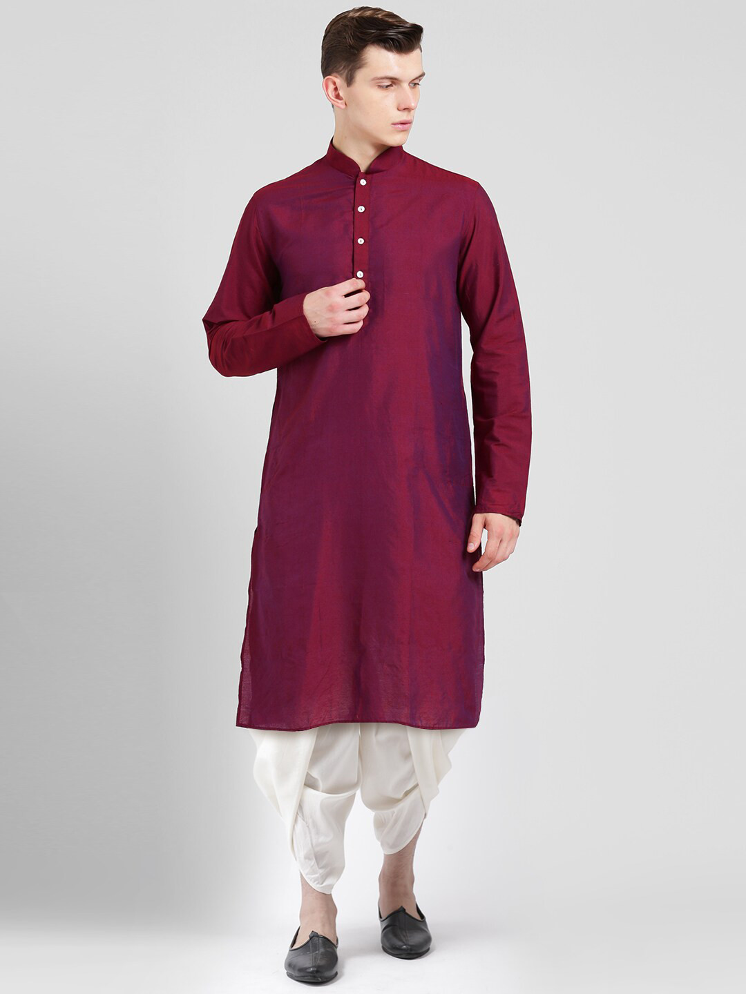 KISAH Men Magenta Solid Kurta with Dhoti Pants Set