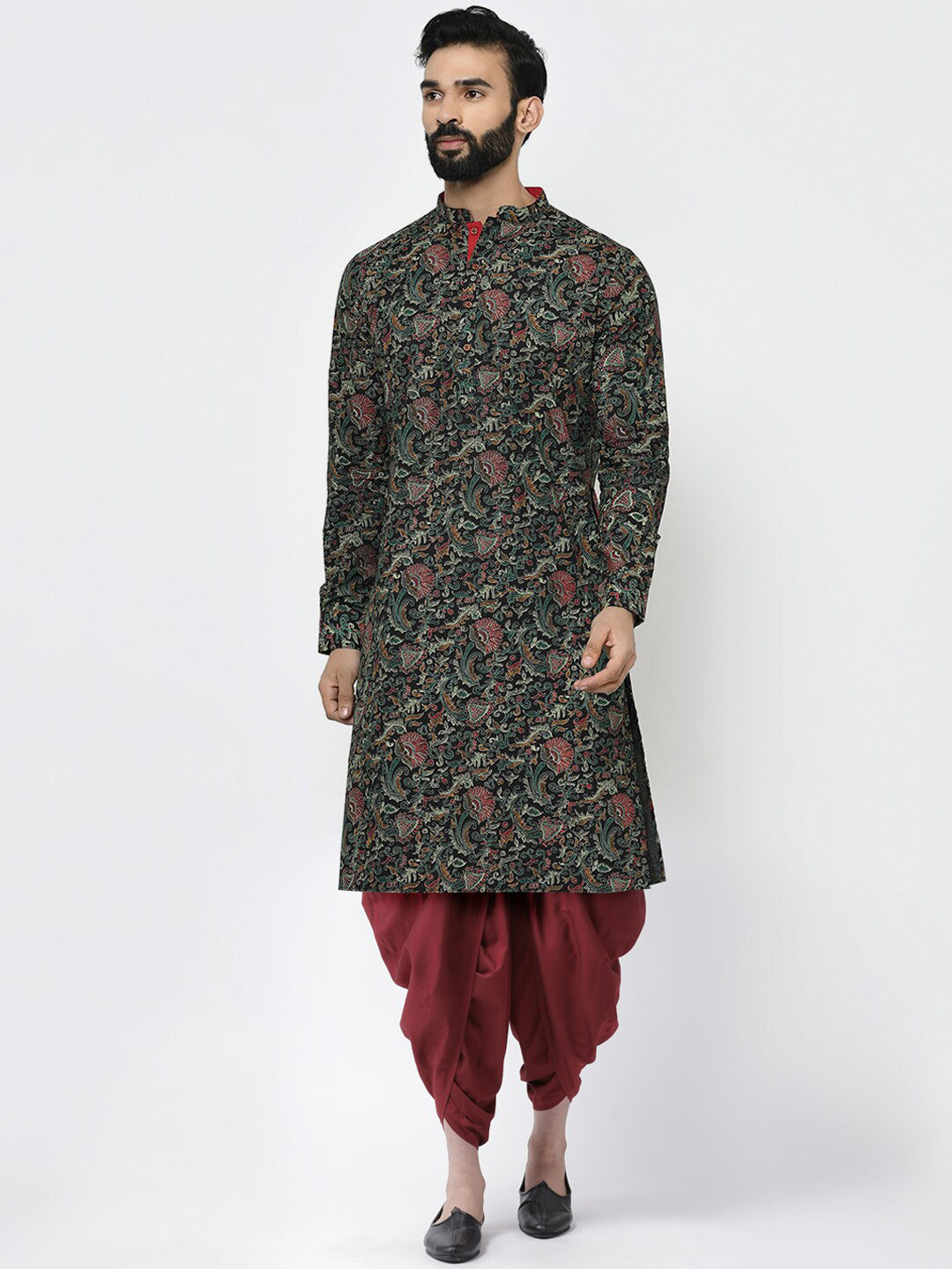 KISAH Men Black Ethnic Motifs Printed Kurta with Dhoti Pant Set