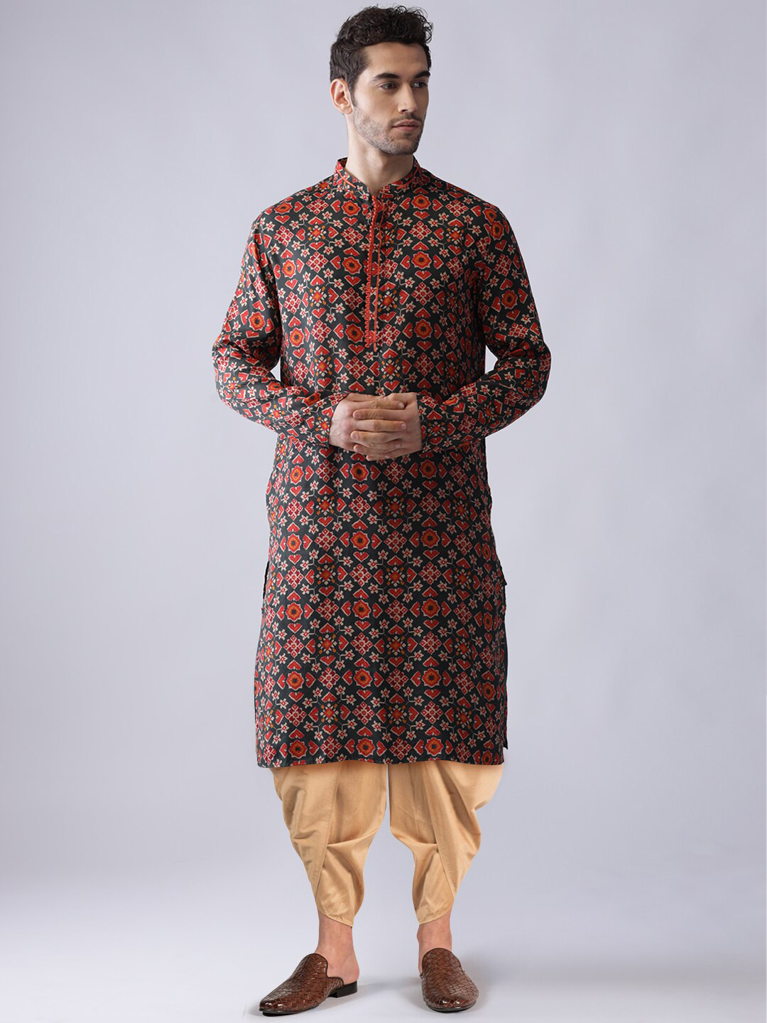 KISAH Men Maroon Printed Kurta with Dhoti Pants