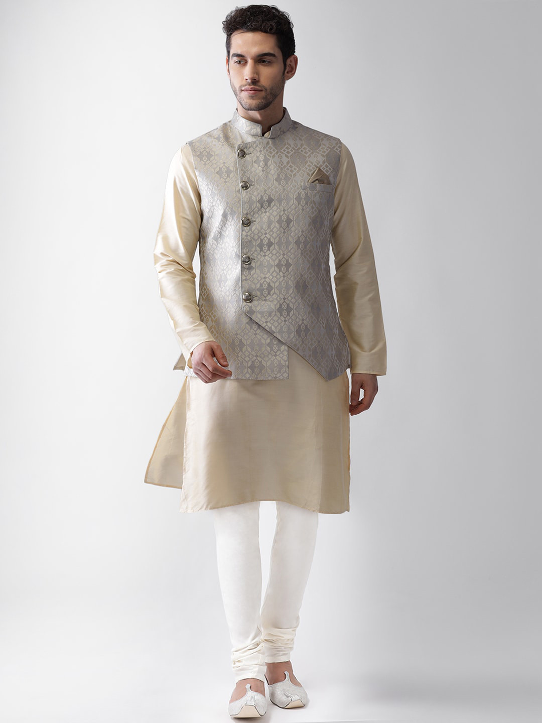 KISAH Men Grey & Cream Solid Kurta with Churidar & Nehru jacket