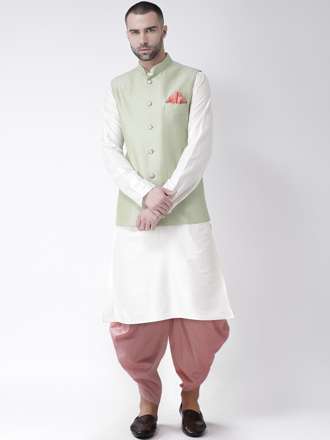 KISAH Men Green & White Kurta with Dhoti Pants With Nehru Jacket