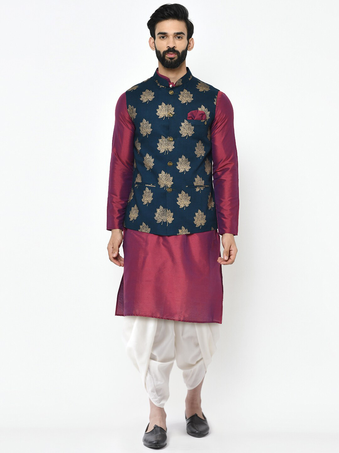 KISAH Men Maroon Solid Kurta with Dhoti Pant & Printed Nehru jacket