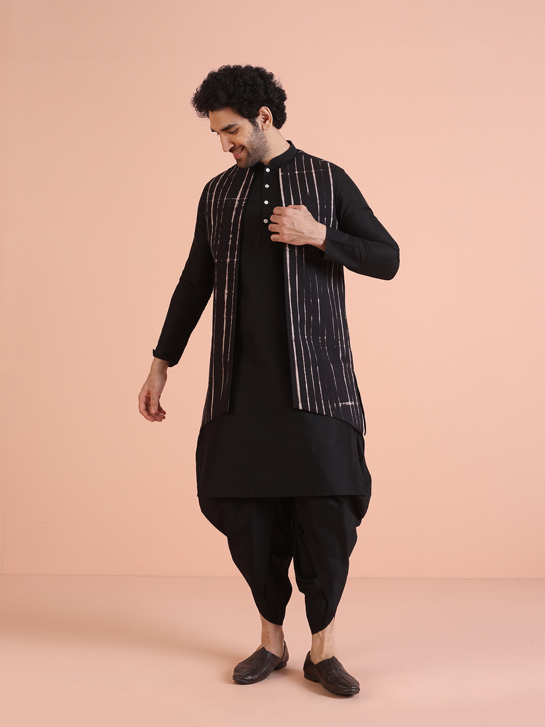 KISAH Men Printed Regular Fit Tie & Dye  Kurta Jacket Dhoti Set