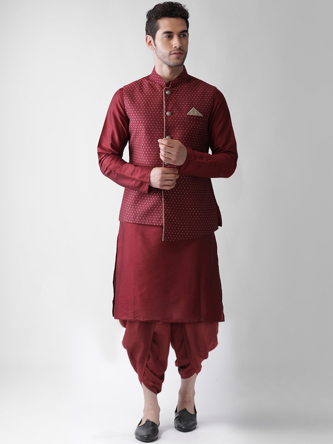 KISAH Men Maroon Kurta with Dhoti Pants With Jacket