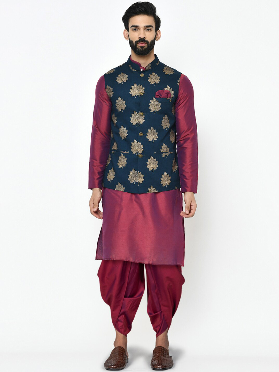 KISAH Men Navy Blue & Marron Ethnic Motifs Kurta with Dhoti Pants & Nehru Jacket Set