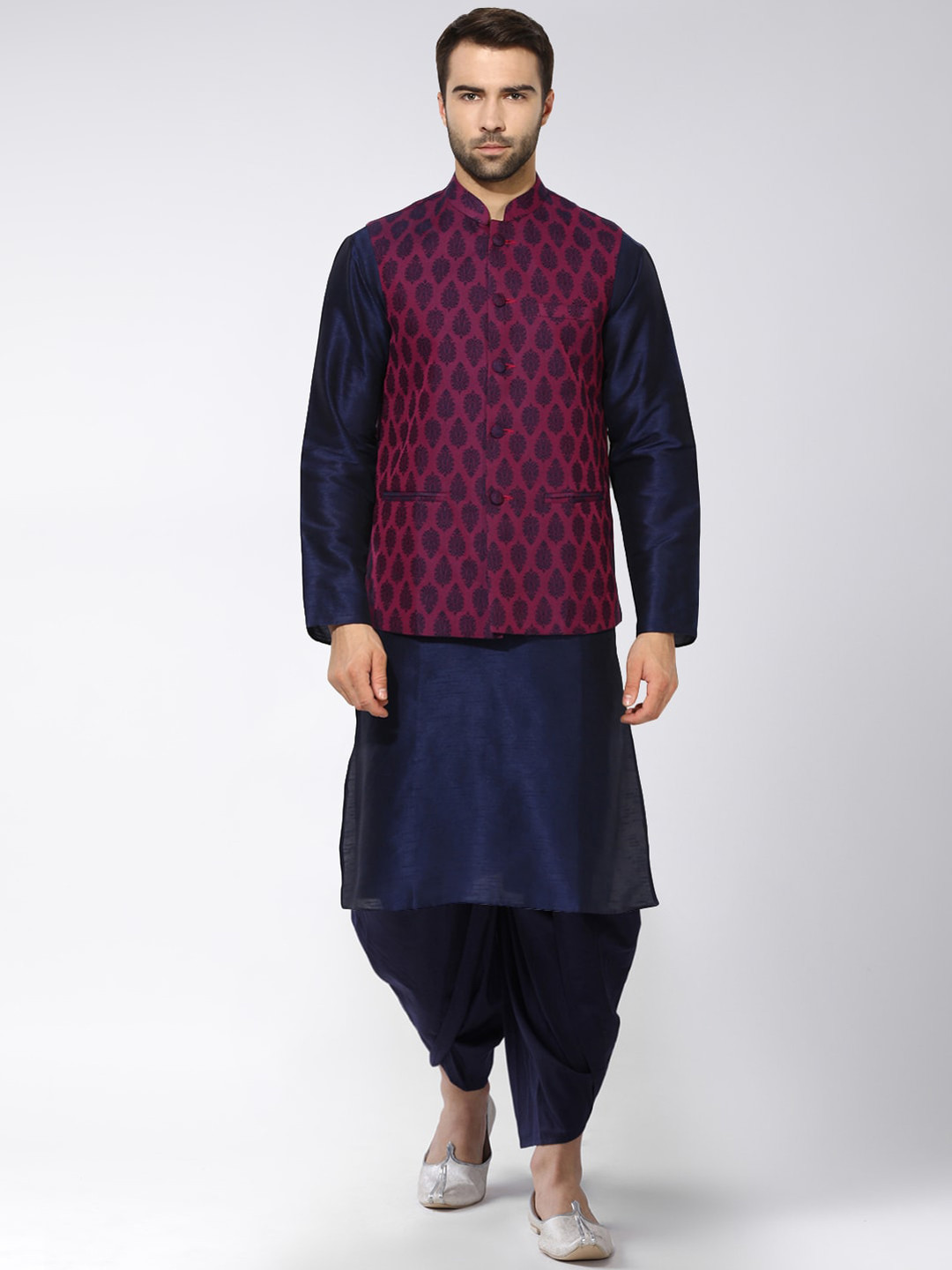 KISAH Men Purple Ethnic Motifs Kurta with Dhoti Pant & Nehru Jacket
