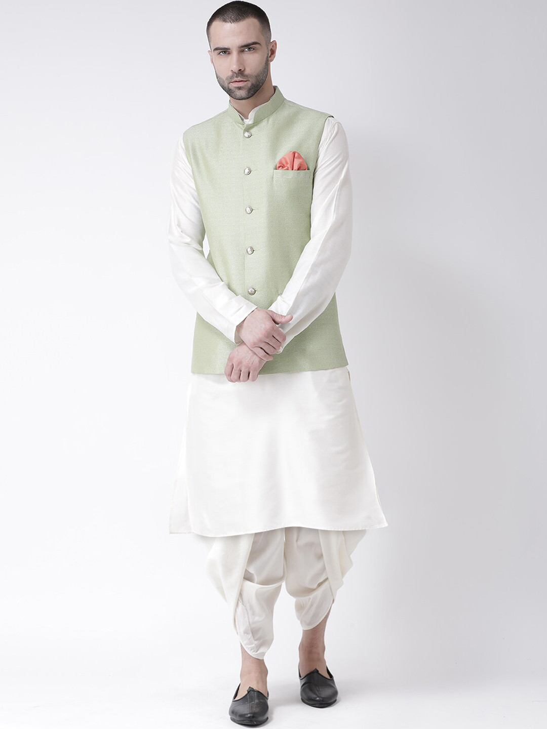 KISAH Men White Solid Kurta with Dhoti Pants & Green Nehru jacket