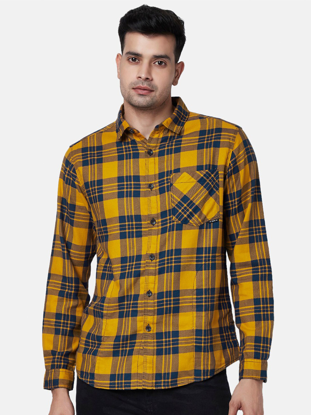SF JEANS by Pantaloons Men Yellow Slim Fit Tartan Checked Casual Cotton Shirt