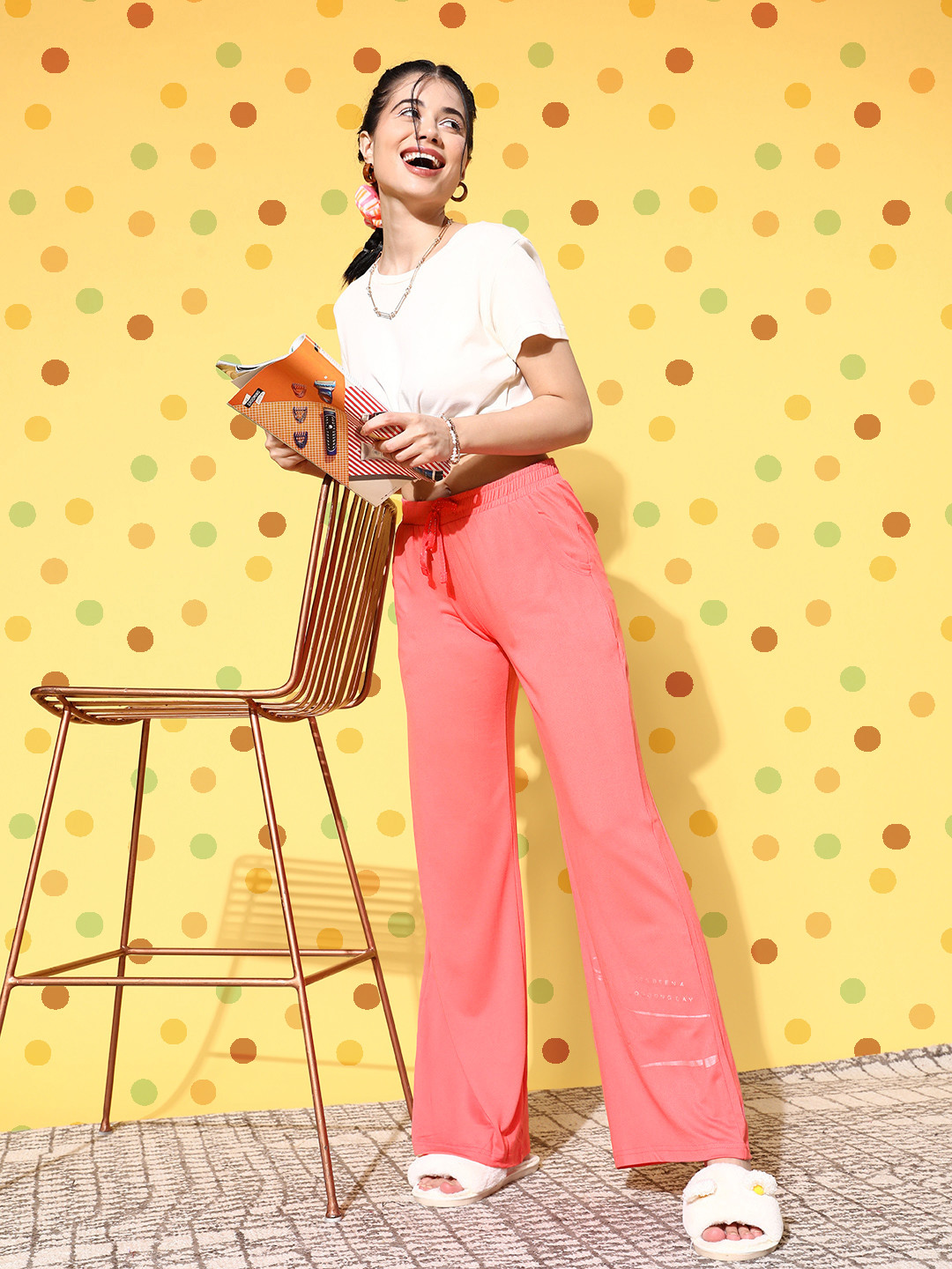 Sweet Dreams Women  Peach Solid Wide Leg Lounge Pants