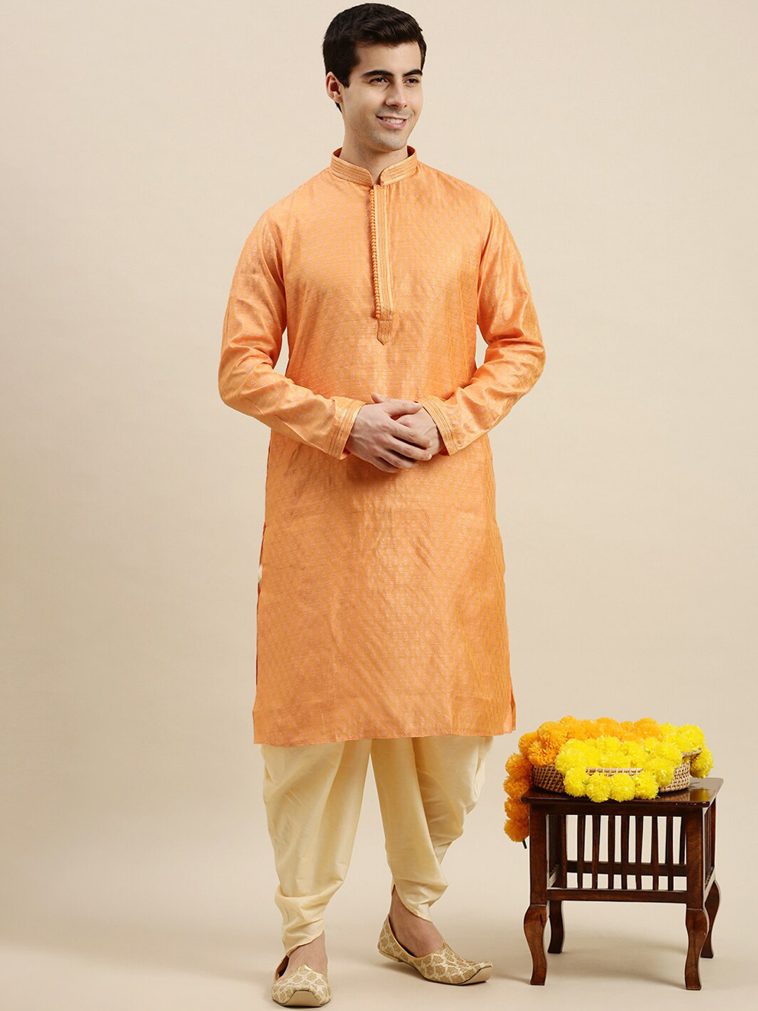 Here&Now X Sanwara  Men Orange Pastels Woven Design Kurta