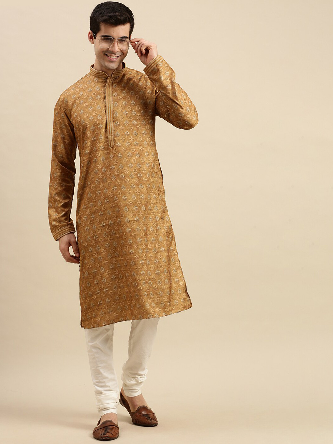 Here&Now X Sanwara  Men Brown Floral Pastels Kurta