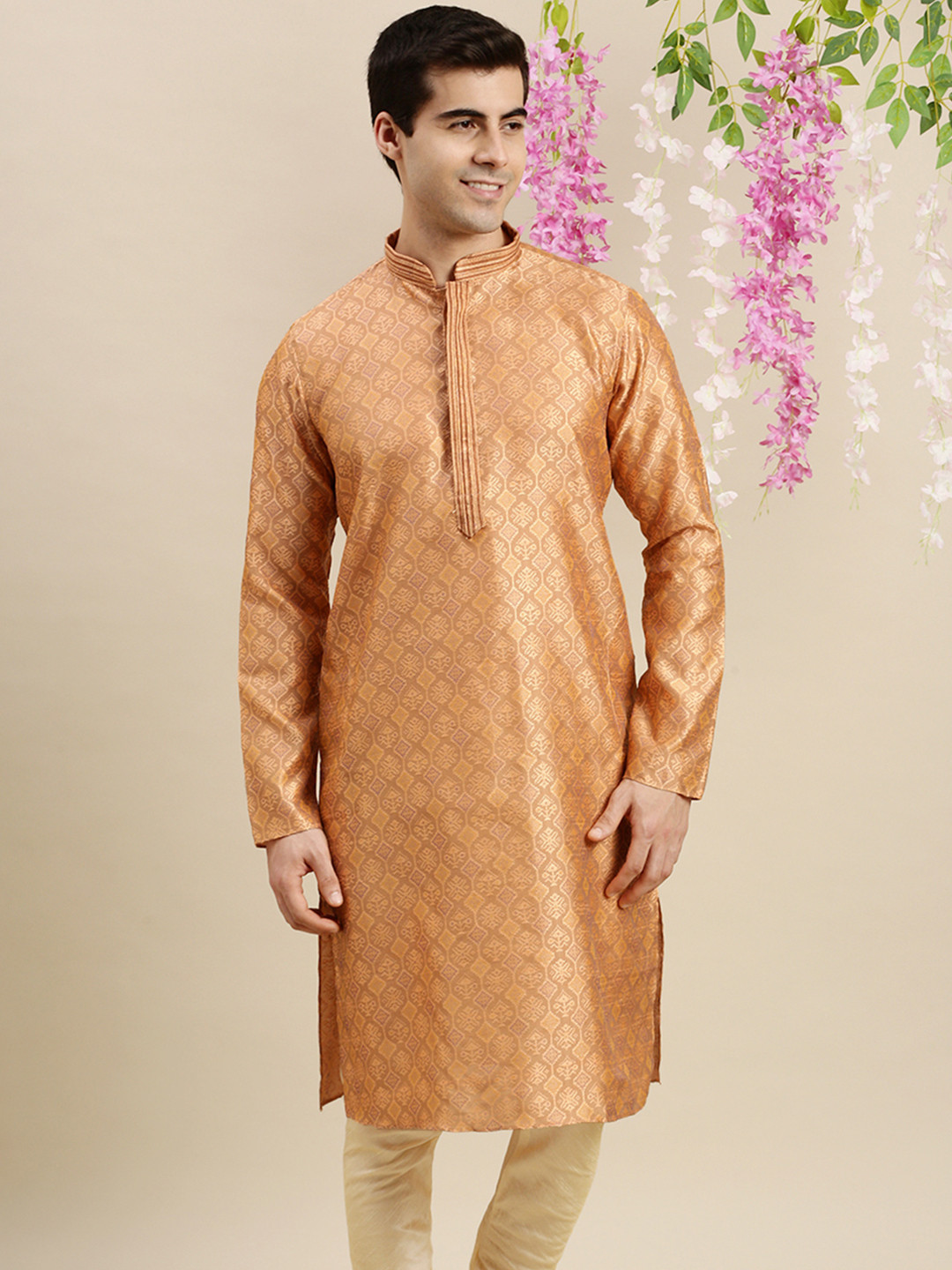 Here&Now X Sanwara  Men Rust Woven Ethnic Motifs Pastels Art Silk  Kurta
