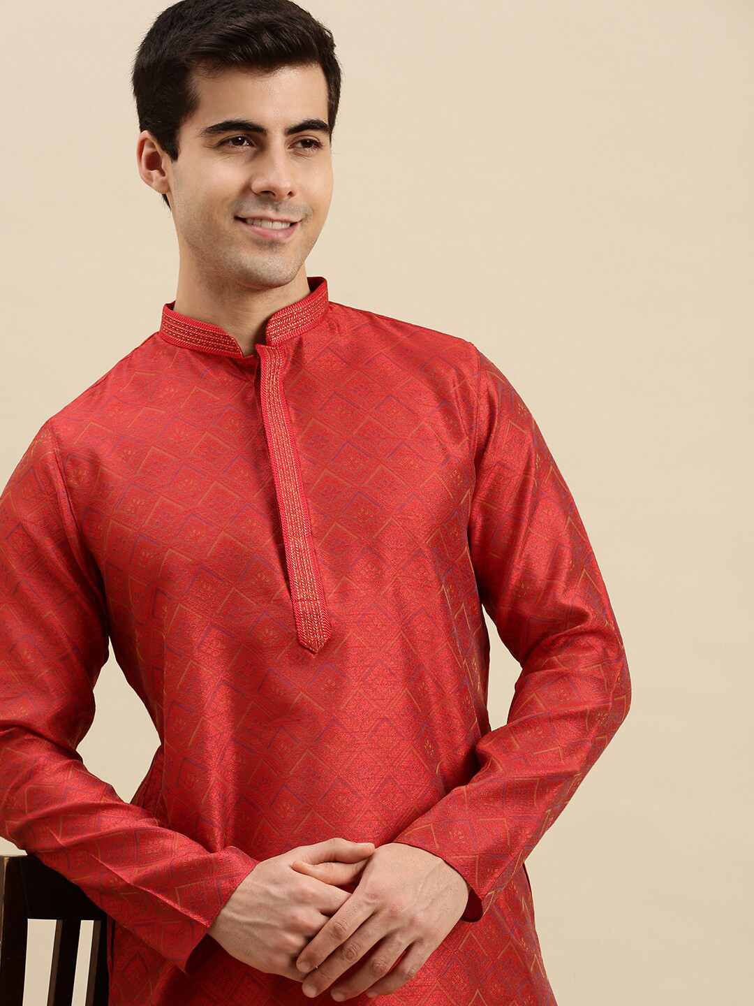 Here&Now X Sanwara  Men Red Pastels Art silk Kurta