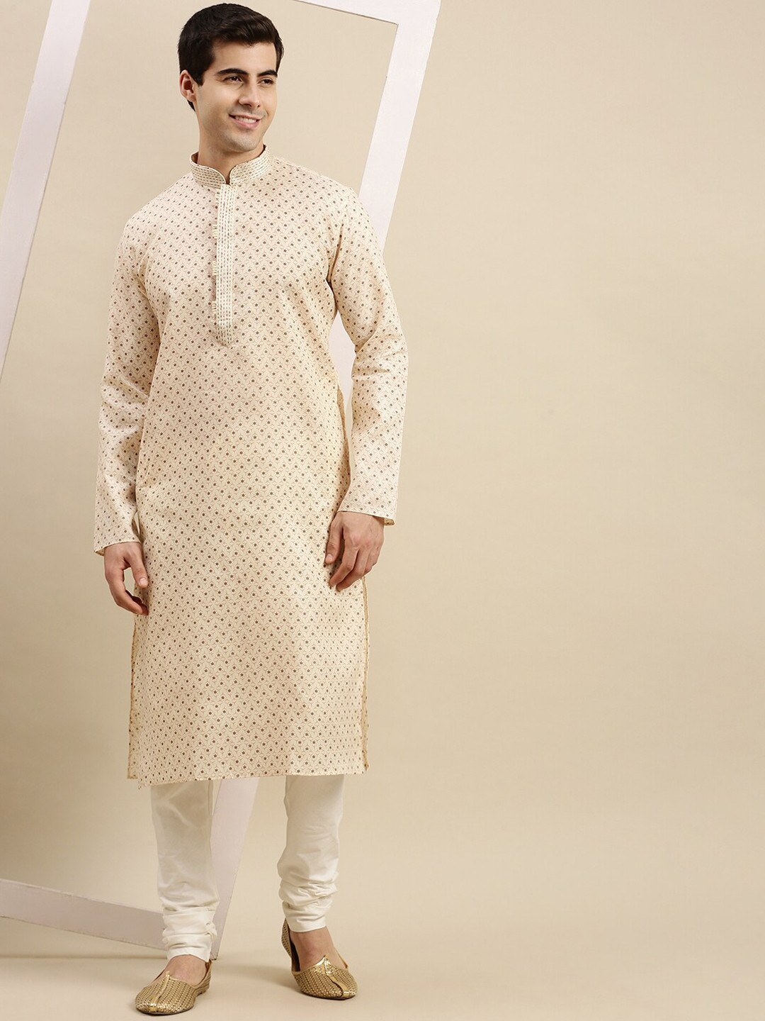 Here&Now X Sanwara  Men Beige & Brown Geometric Printed Cotton Pastel Kurta