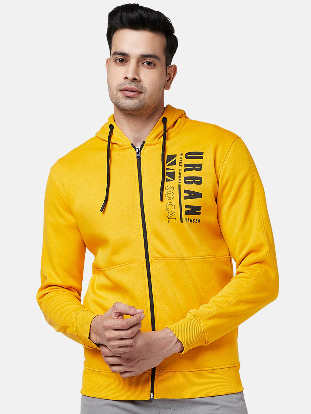 Urban Ranger by pantaloons Men Mustard Printed Front Open Hooded Sweatshirt
