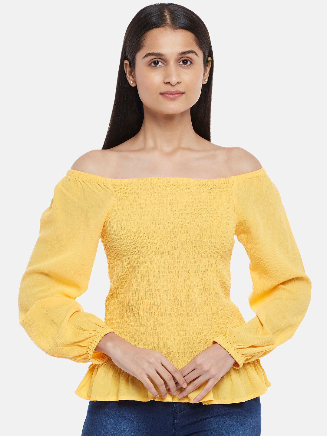 Honey by Pantaloons Women Yellow Off-Shoulder Bardot Top