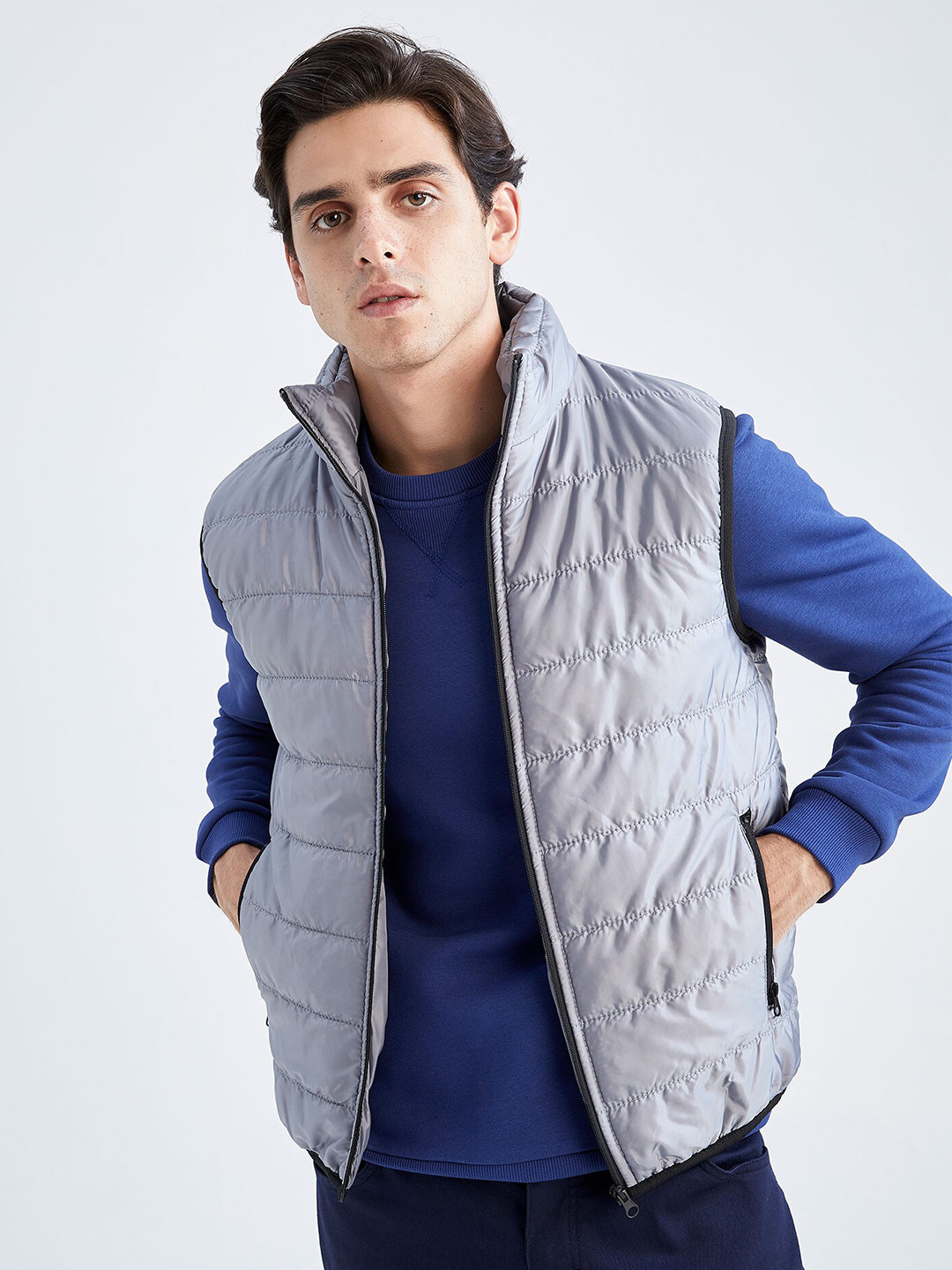 DeFacto Men Grey Striped Puffer Jacket