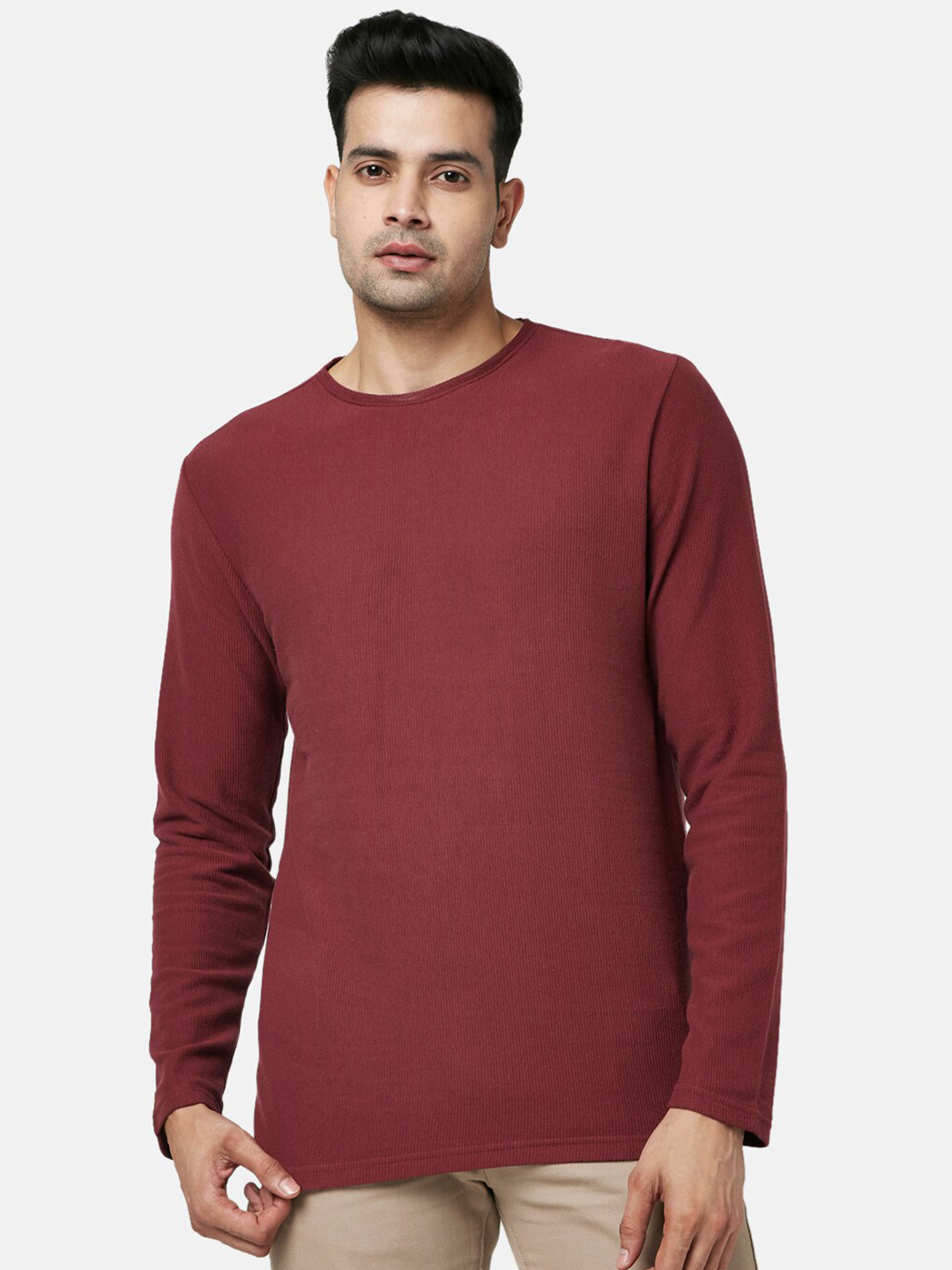 BYFORD by Pantaloons Men Maroon Slim Fit Cotton Polyester T-shirt