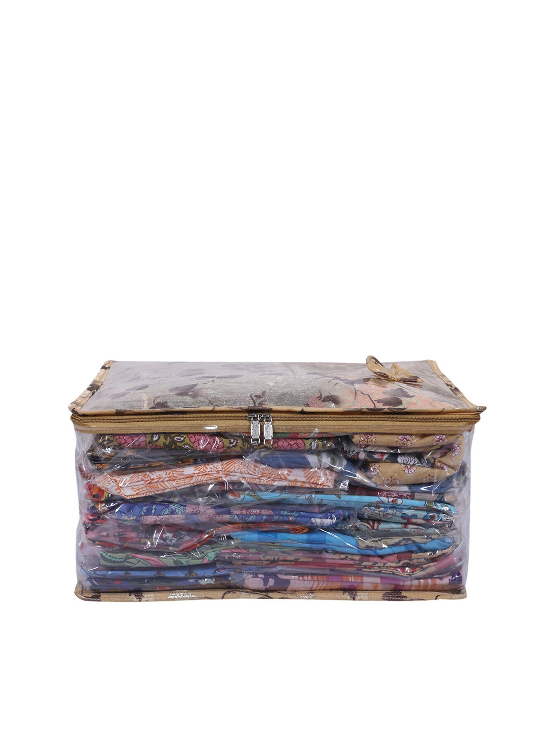 Kuber Industries Golden Floral Print PVC Foldable Bow Saree Cover Wardrobe Organizer