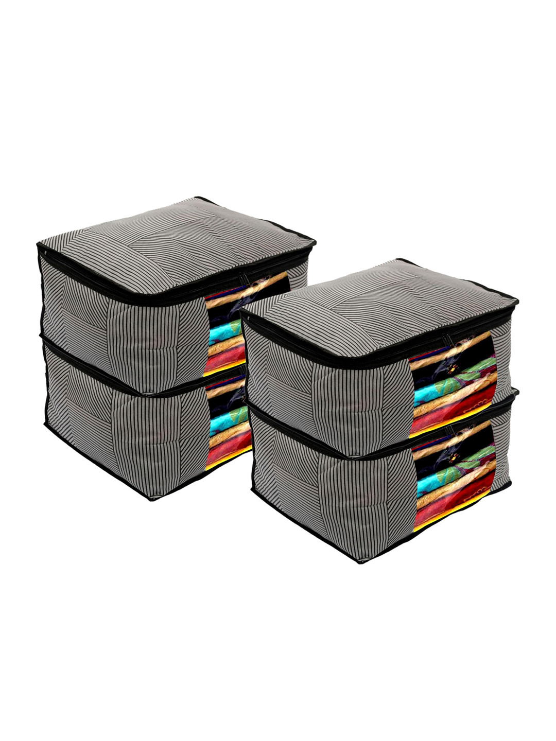 Kuber Industries Set of 4 Grey Striped Non-Woven Foldable Saree Organisers