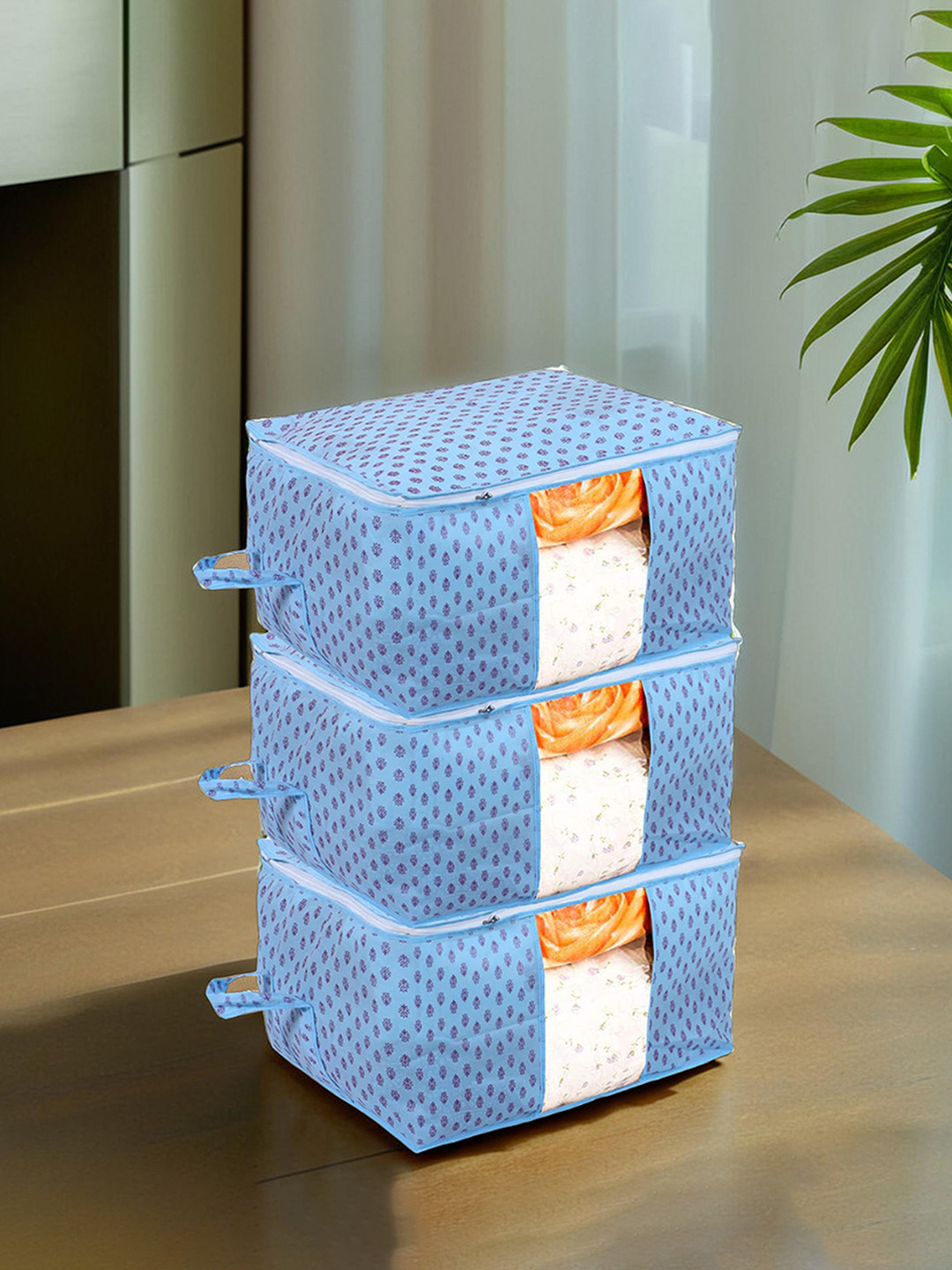 Kuber Industries Set Of 3 Blue Non-Woven Lining Print Blanket Cover