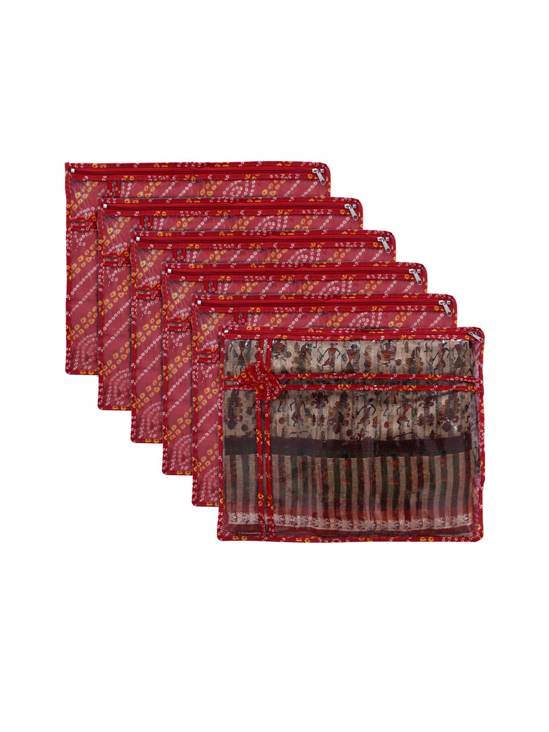 Kuber Industries 6 Pcs Red Bandhani Print PVC Foldable Single Saree Cover Clothes Storage