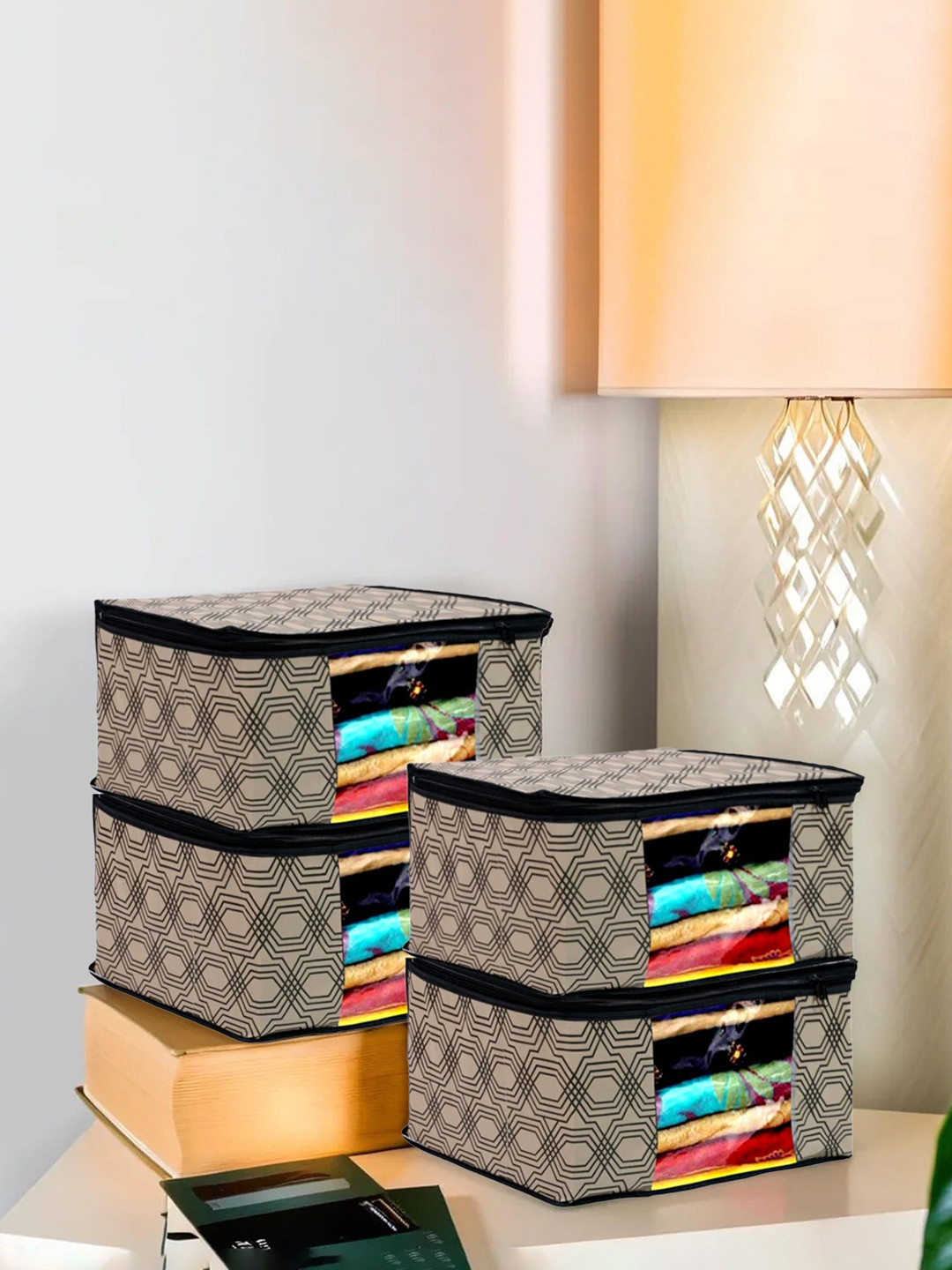 Kuber Industries Set of 4 Cream & Black Printed Saree Organiser Cover