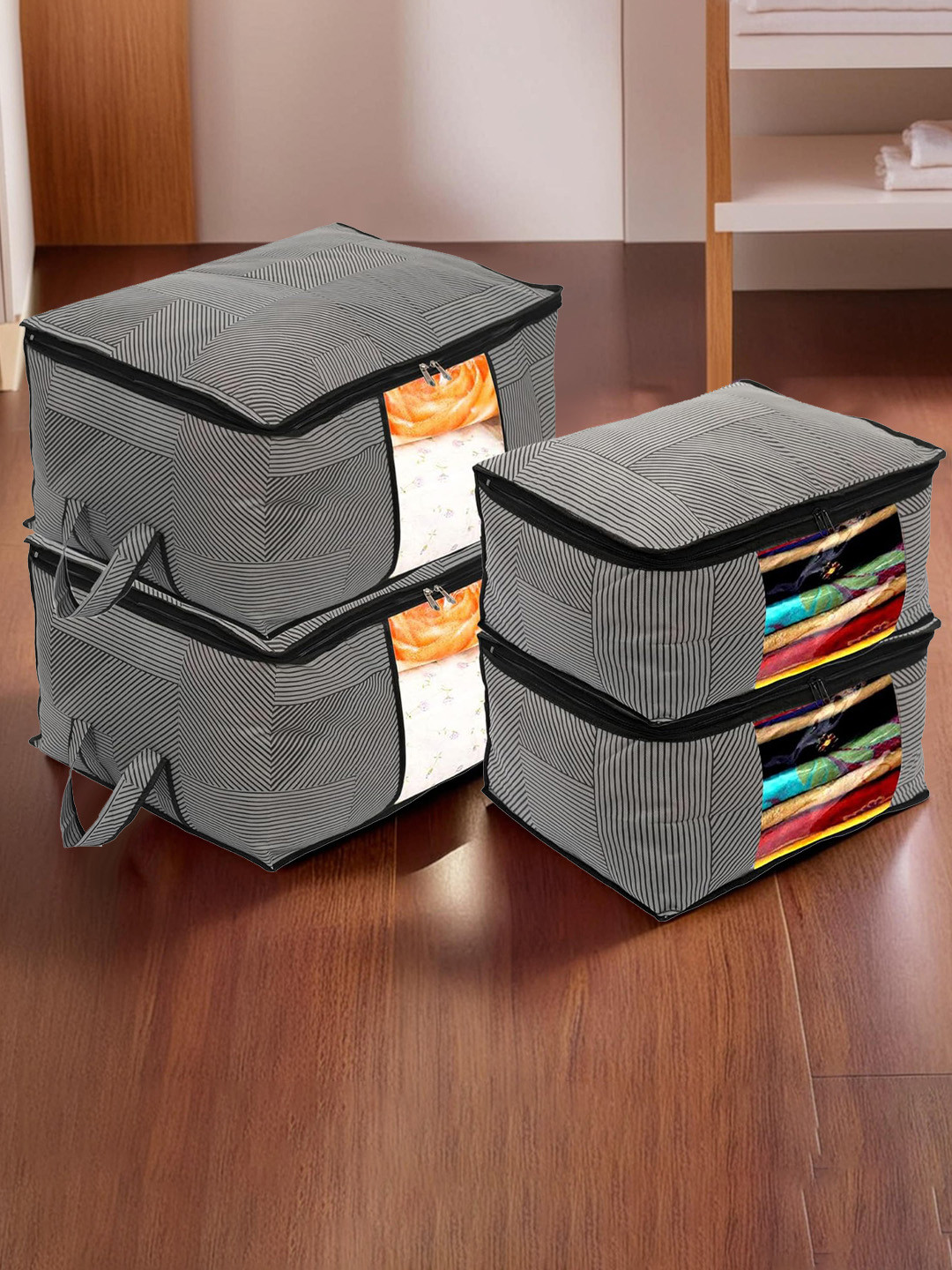 Kuber Industries Set Of 4 Underbed Storage Bag & Saree Cover Organisers Transparent Window