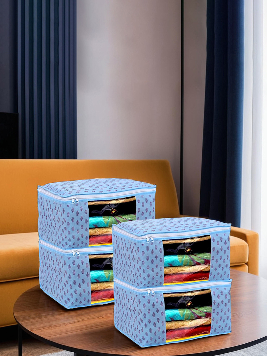 Kuber Industries Set Of 4 Blue Printed Foldable Saree Organisers
