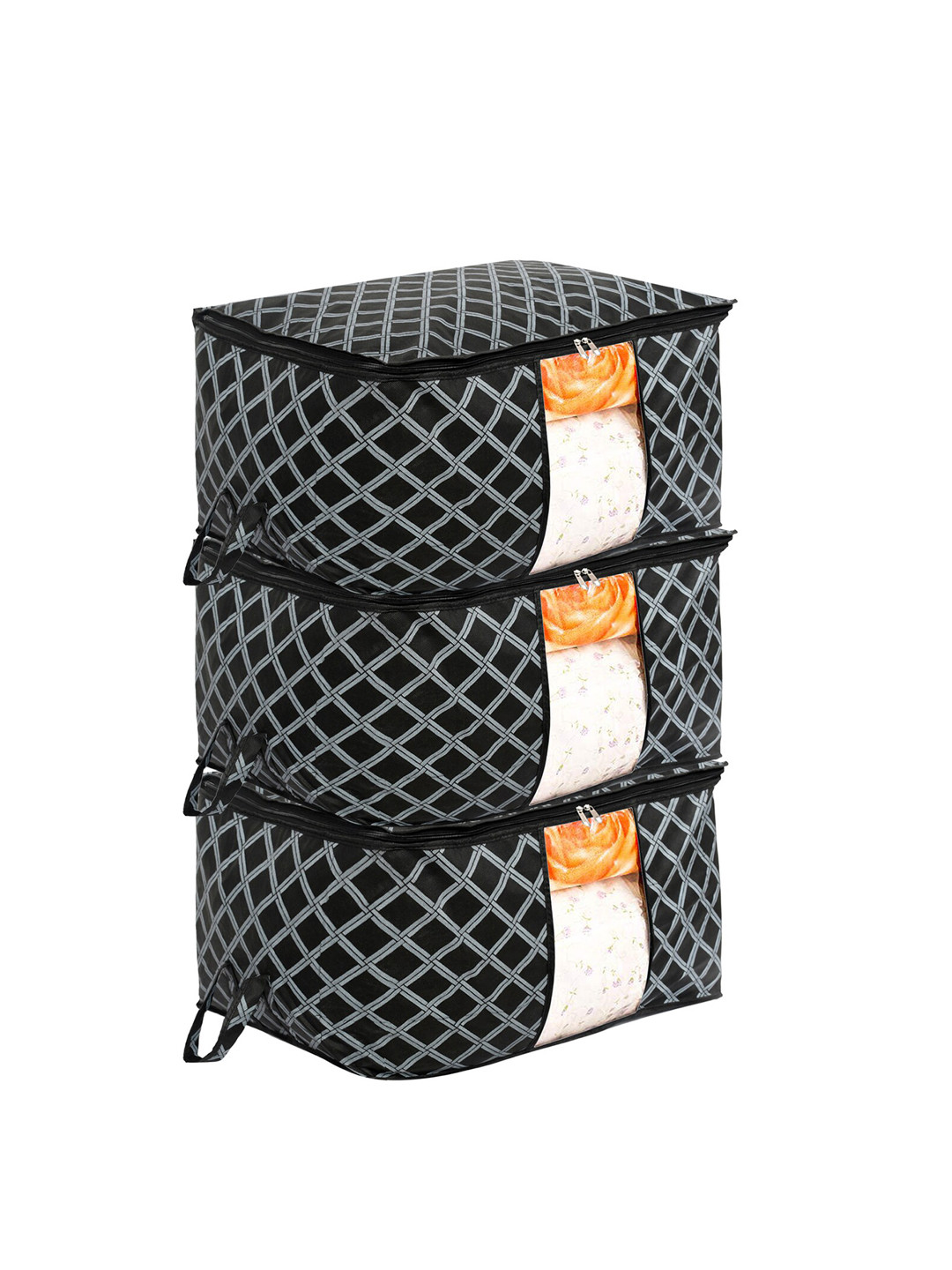 Kuber Industries Set of 3 Black Check Print Jumbo Underbed Storage Bag Clothes Organisers