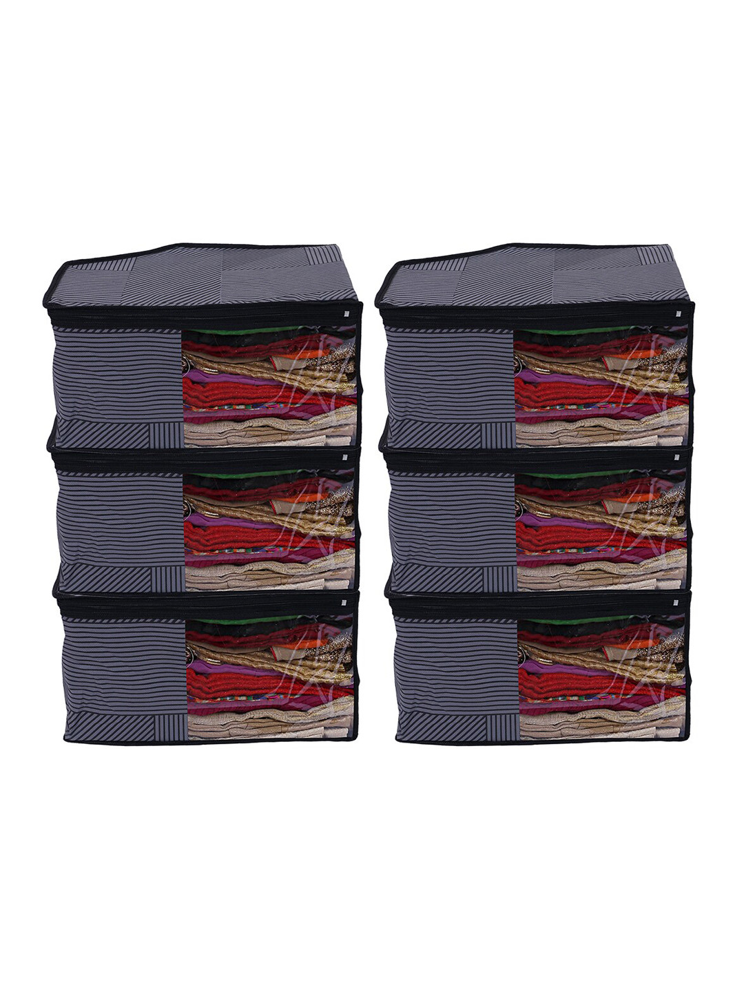 Kuber Industries Set Of 6 Grey & Black Striped Foldable Blouse Cover Organisers