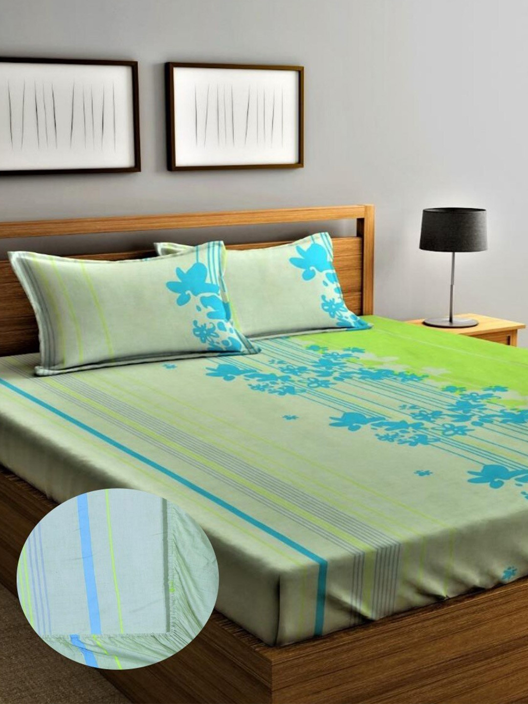 Home Sizzler Green Floral Cotton 210 TC Fitted Queen Fine Bedsheet with 2 Pillow Covers-78 x 72 inches