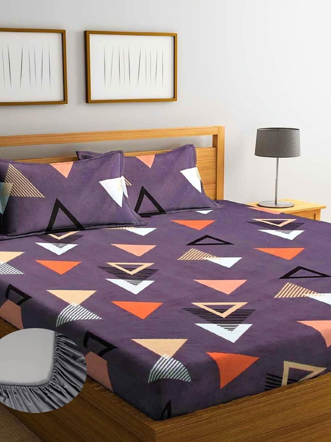 Home Sizzler Grey Geometric Polycotton 144 TC Fitted Queen Fine Bedsheet with 2 Pillow Covers-78 x 72 inches