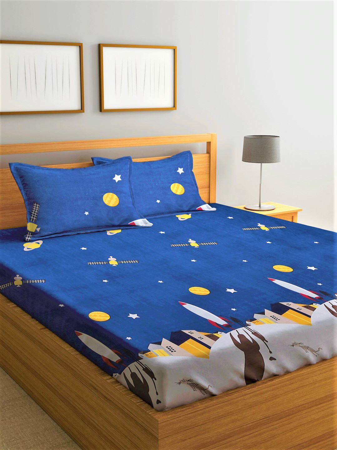 Home Sizzler Navy Blue Cartoon Characters Microfiber Skin-Friendly 144 TC Fitted Queen Bedsheet with 2 Pillow Covers-198 x 180 cm