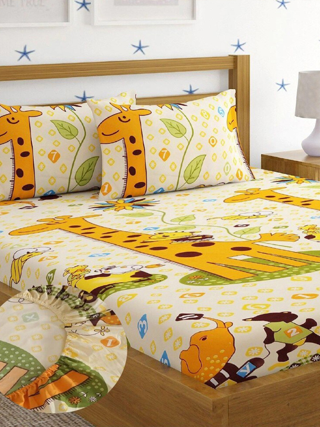 Home Sizzler Yellow Animal Polycotton 144 TC Fitted Queen Bedsheet with 2 Pillow Covers-198 x 183 x 23 cm