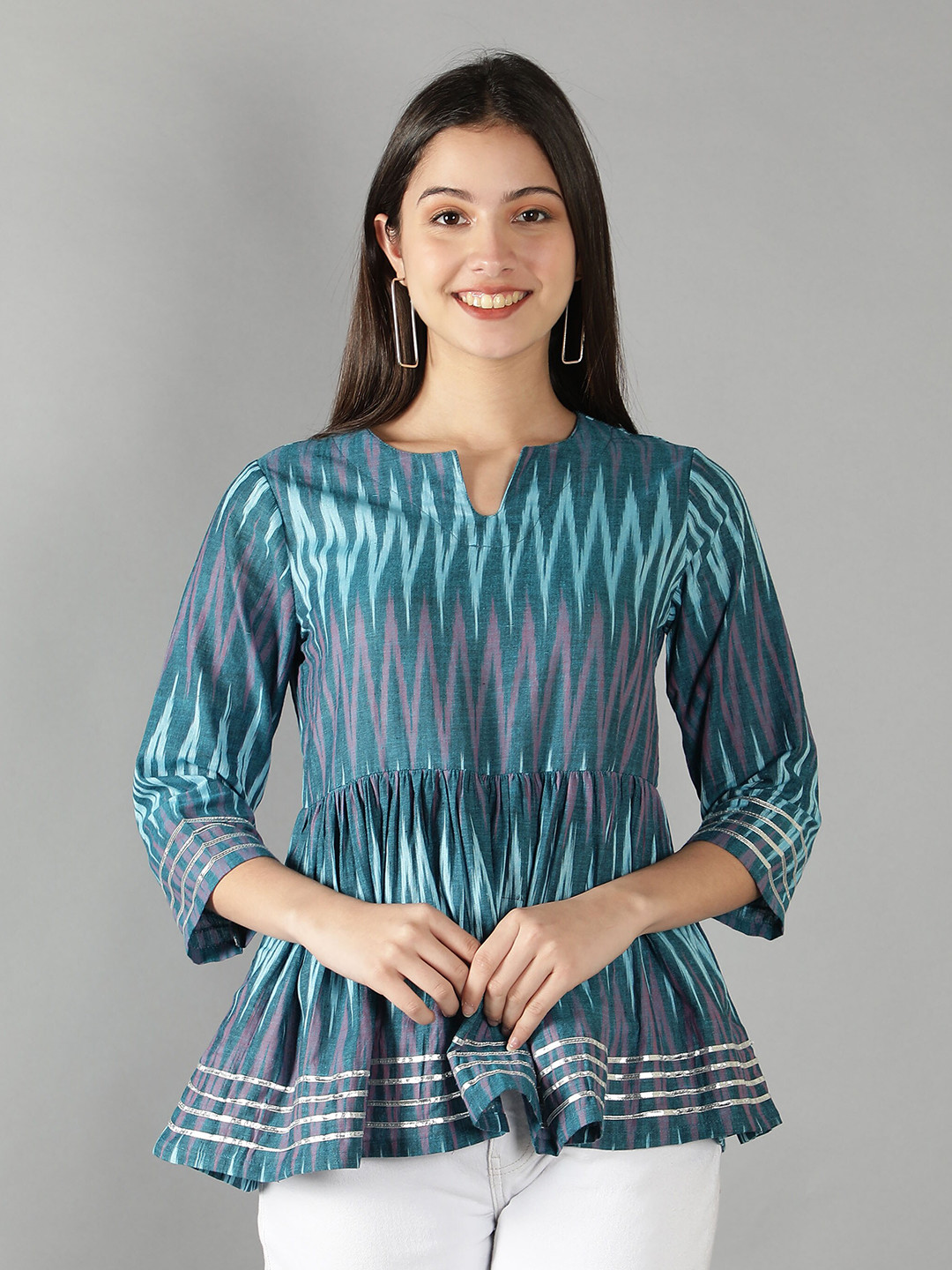 Cot'N Soft Teal Ethnic Motifs Printed Gotta Patti Pure Cotton Gotta Patti Empire Kurti