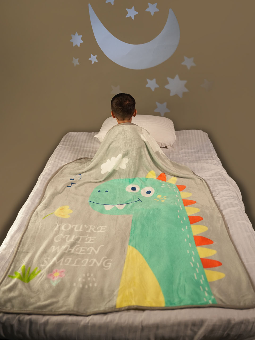 Yellow Bee Kids Grey & Green Cartoon Characters Printed AC Room 354 GSM Single Bed Blanket
