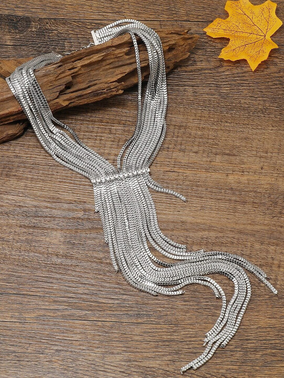 Yellow Chimes Silver-Toned & White Long Tassel Chain Necklace